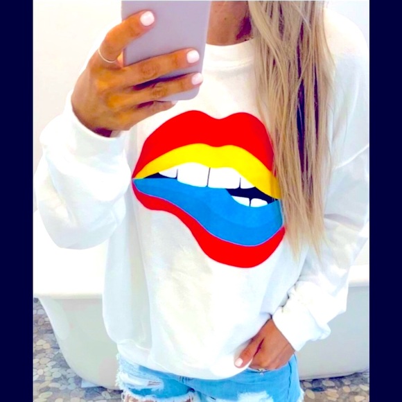 🖤 Rolling Stone 👄 Cotton Color blast Mouth Long Sleeve Sweatshirt ❌ last 1 ❌ - Picture 2 of 5